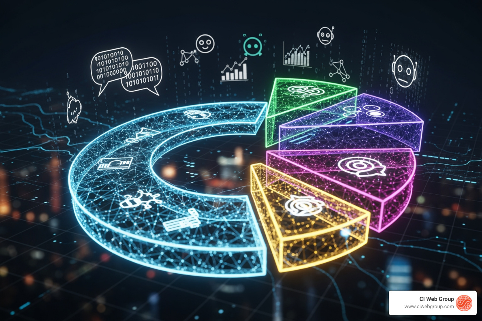 Infographic showing global AI chatbot market share breakdown with ChatGPT at 79.79%, Perplexity at 10.85%, Google Gemini at 4.68%, Microsoft Copilot at 3.58%, Claude at 1.07%, and DeepSeek at 0.02%, including regional variations for US, Europe, and China, plus quarterly growth rates for each platform - AI Chatbot Market Share