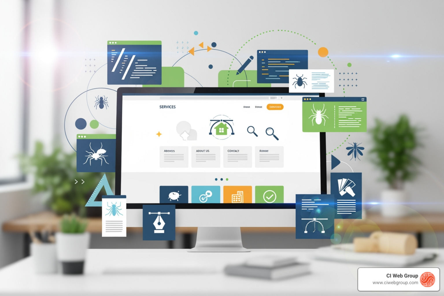 infographic showing three key statistics: 97% of consumers search for local services online with a search icon, 75% judge business credibility on web design with a thumbs up icon, and 75% of users return to mobile-friendly sites with a smartphone icon - pest control website design company