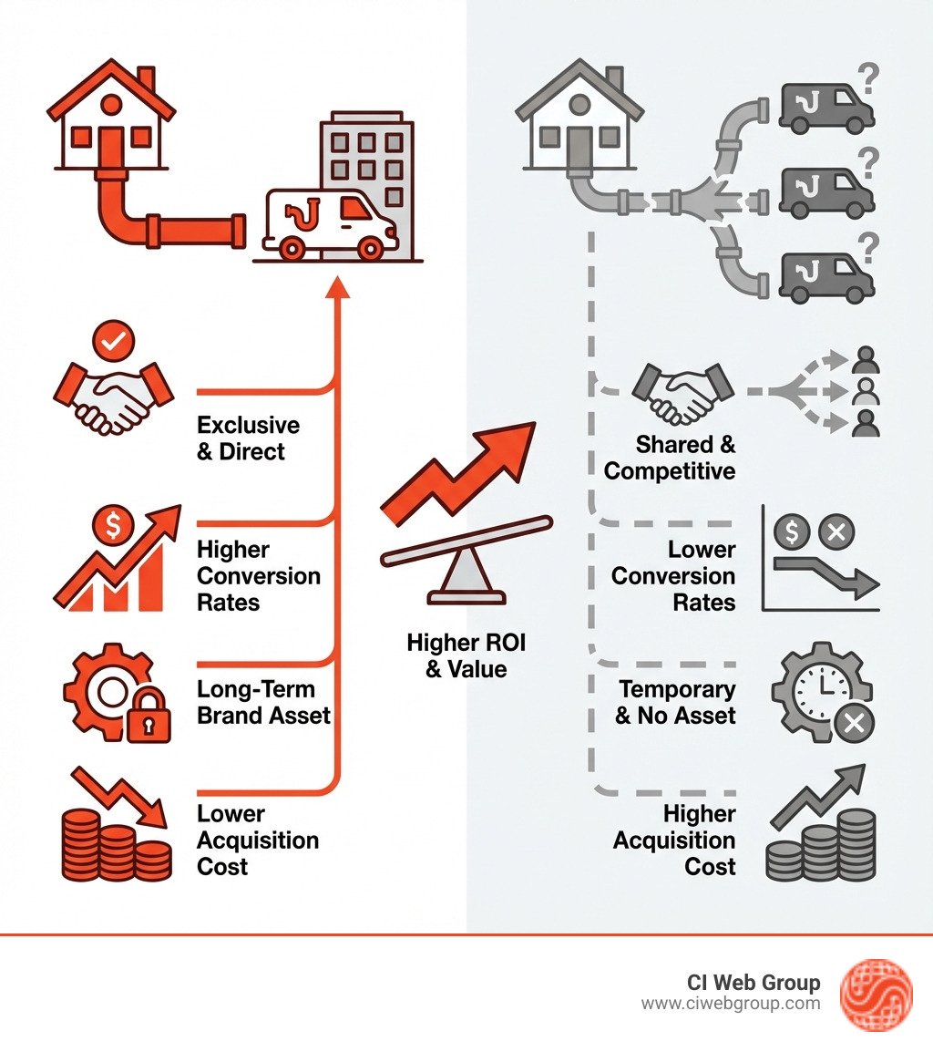 infographic showing owned leads versus rented leads with conversion rates and benefits - plumber marketing leads infographic 