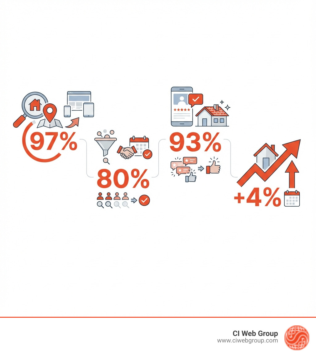 infographic showing key roofing digital marketing statistics: 97% of consumers find local services online, 80% of local searches convert, 93% of roofing clients check online reviews before deciding, and home improvement sales growing 4% year over year - digital marketing agency roofing infographic 