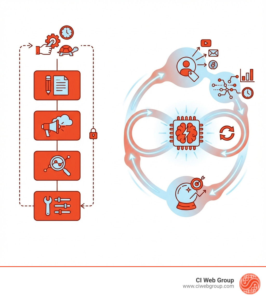 Infographic comparing traditional marketing workflow (linear, manual, slow optimization) versus AI-powered marketing workflow (simultaneous optimization across channels, automated personalization, real-time data analysis, predictive customer insights, and continuous learning loops) - ai driven digital marketing solutions infographic Infographic comparing traditional marketing workflow (linear, manual, slow optimization) versus AI-powered marketing workflow (simultaneous optimization across channels, automated personalization, real-time data analysis, predictive customer insights, and continuous learning loops) - ai driven digital marketing solutions infographic