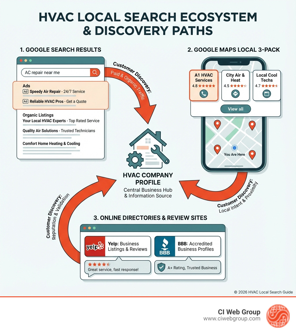 infographic showing the local search ecosystem with three main components: Google Search results showing organic listings and ads, Google Maps displaying the local 3-pack with pins on a map, and Online Directories like Yelp and BBB, all feeding into a central HVAC company profile with arrows indicating how customers discover businesses through each channel - HVAC local search infographic infographic showing the local search ecosystem with three main components: Google Search results showing organic listings and ads, Google Maps displaying the local 3-pack with pins on a map, and Online Directories like Yelp and BBB, all feeding into a central HVAC company profile with arrows indicating how customers discover businesses through each channel - HVAC local search infographic