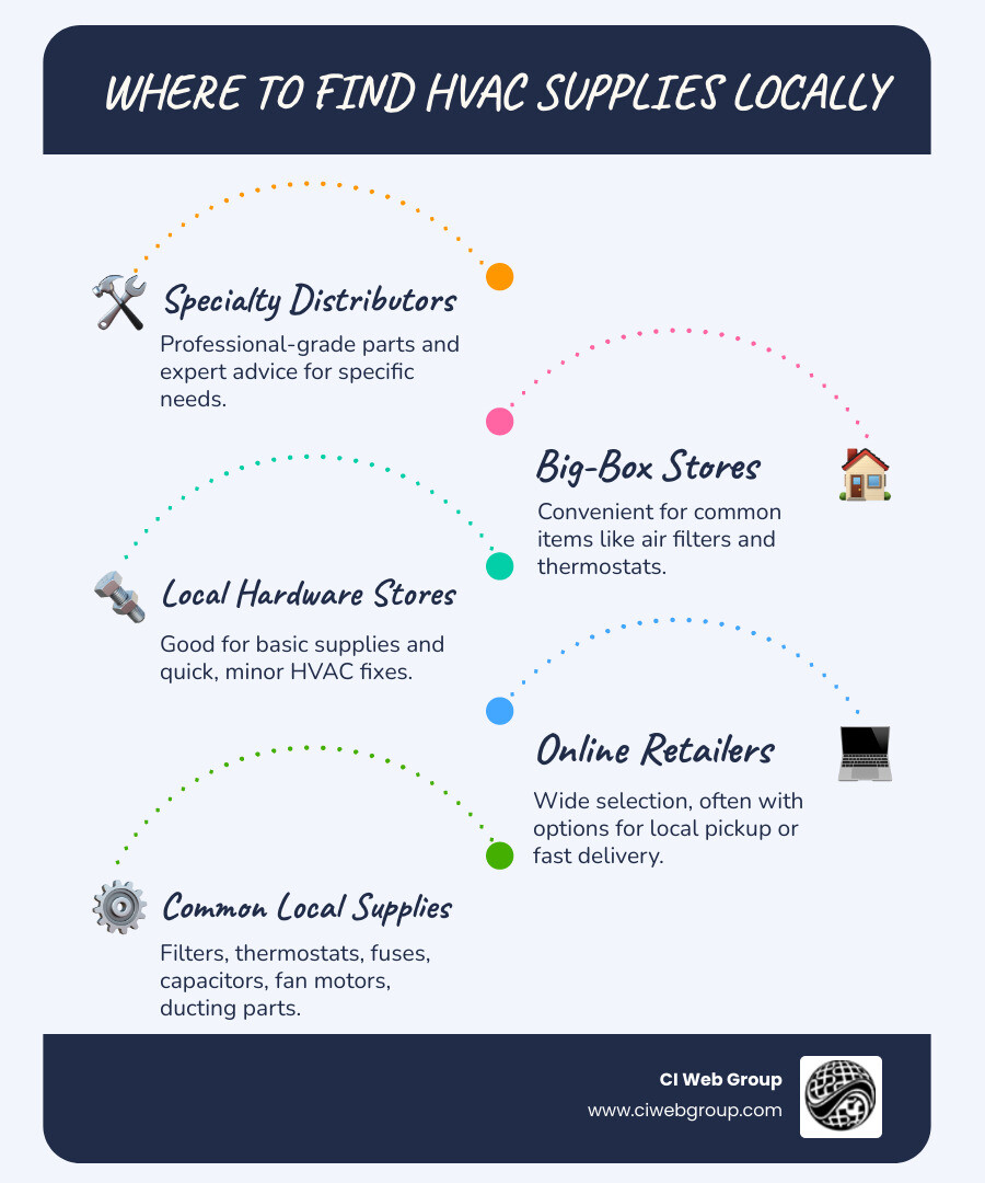 Infographic showing the locations and types of HVAC supply stores available locally, including specialty distributors, big-box retailers, hardware stores, and online options with pickup services, along with the common parts available at each type of store - hvac supply close to me infographic infographic-line-5-steps-blues-accent_colors Infographic showing the locations and types of HVAC supply stores available locally, including specialty distributors, big-box retailers, hardware stores, and online options with pickup services, along with the common parts available at each type of store - hvac supply close to me infographic infographic-line-5-steps-blues-accent_colors