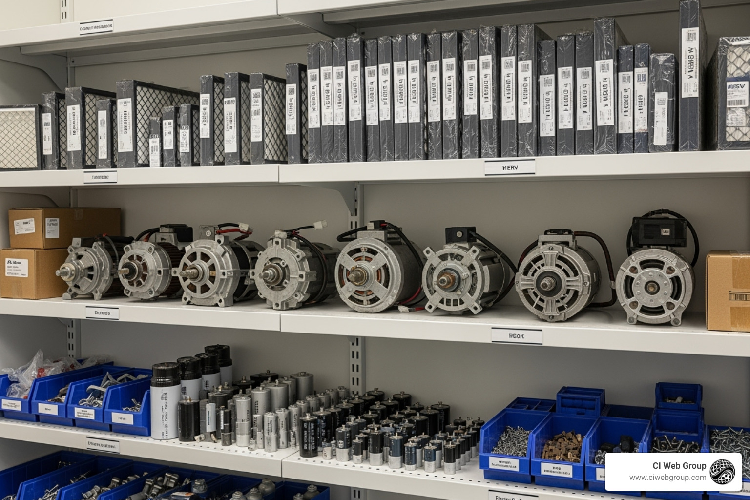 A neatly organized shelf with various HVAC parts like filters, motors, and capacitors - hvac supply close to me A neatly organized shelf with various HVAC parts like filters, motors, and capacitors - hvac supply close to me