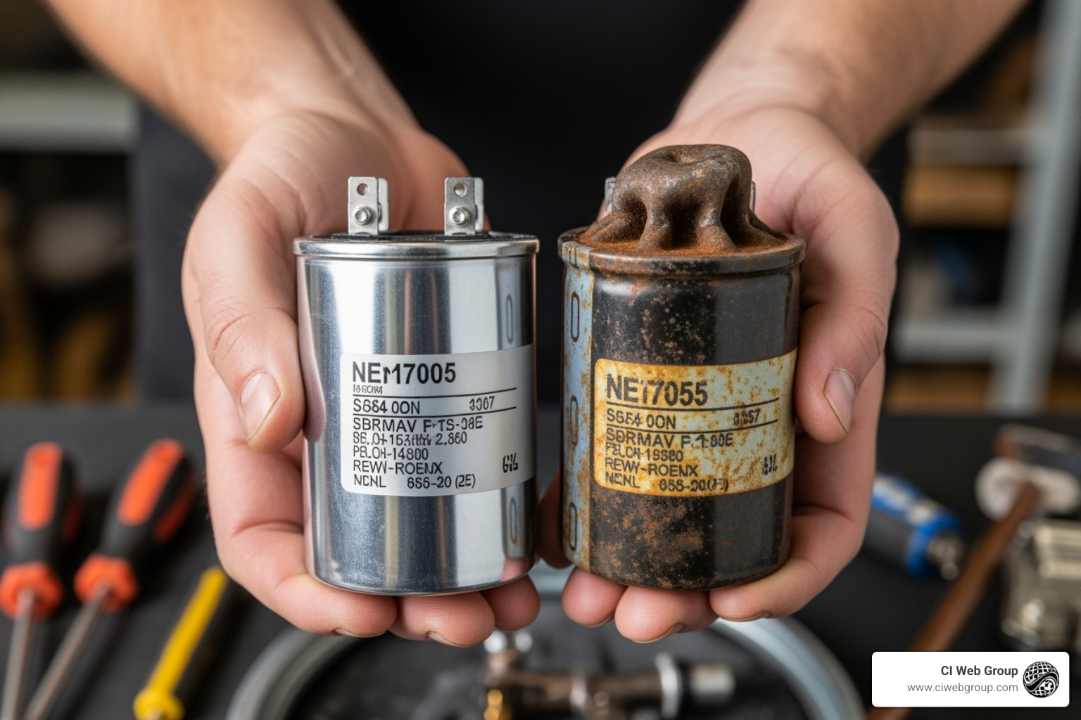 A person comparing a new HVAC capacitor to an old one - hvac supply close to me A person comparing a new HVAC capacitor to an old one - hvac supply close to me