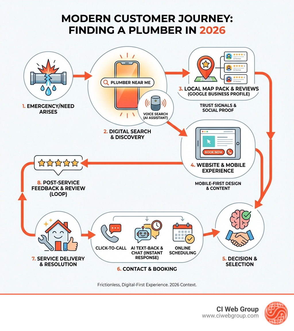 infographic explaining the modern customer journey for finding a plumber - plumbing contractor digital marketing agency infographic 