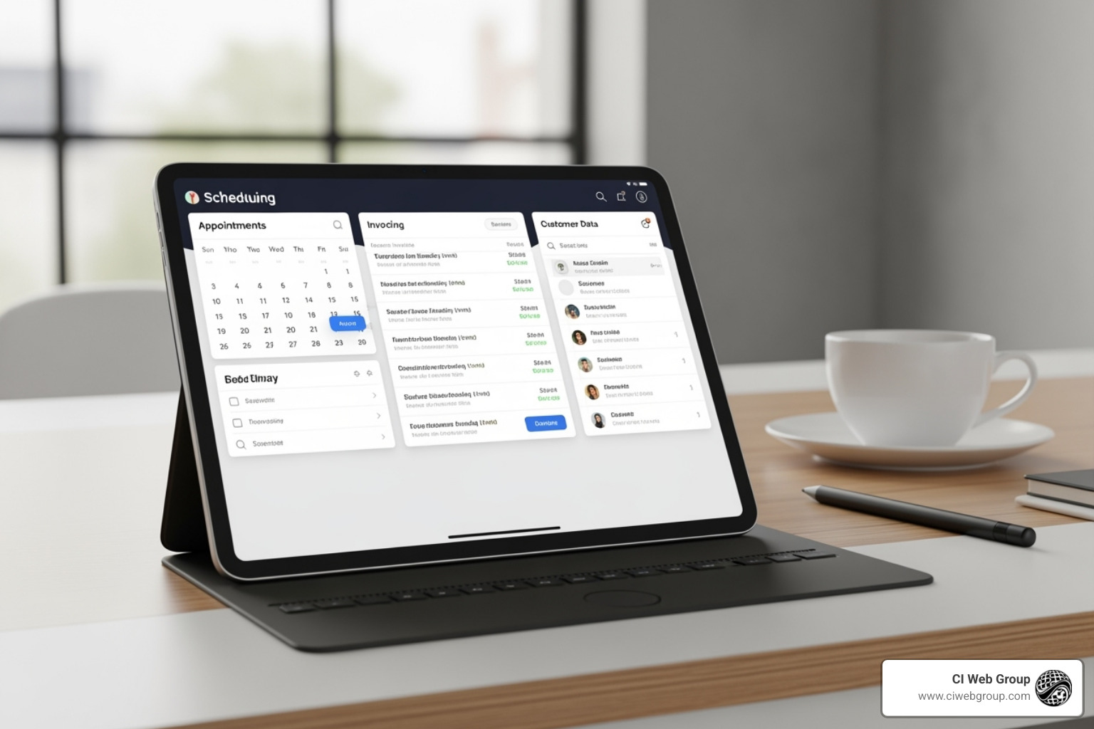 A software dashboard on a tablet displaying scheduling, invoicing, and customer data - plumbing business solutions