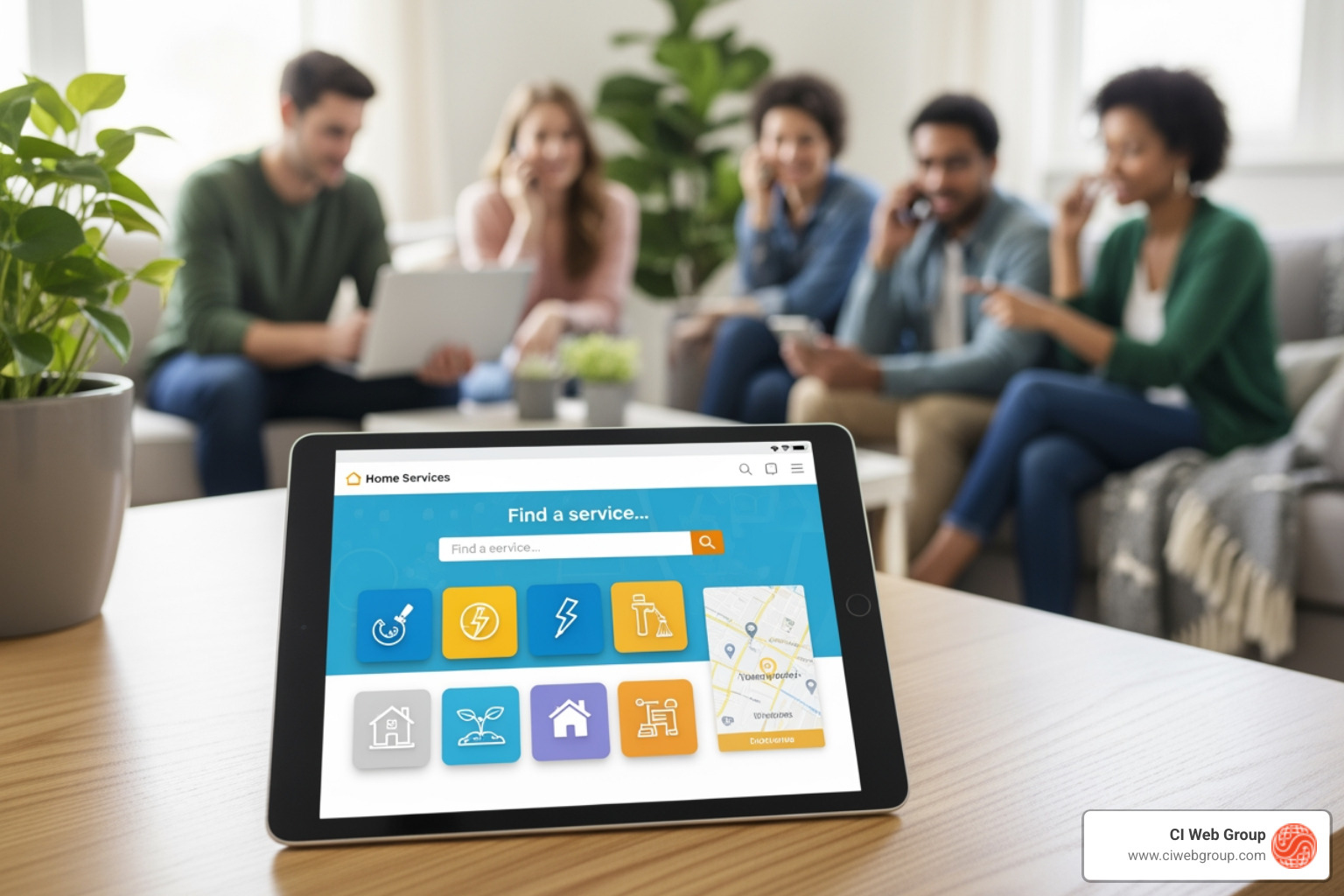 infographic showing 5 essential elements of high-converting home services websites: customer-focused messaging with problem-solving headlines, trust builders including reviews and certifications, mobile-first responsive design, prominent calls-to-action on every page, and local SEO content targeting service areas - home services websites