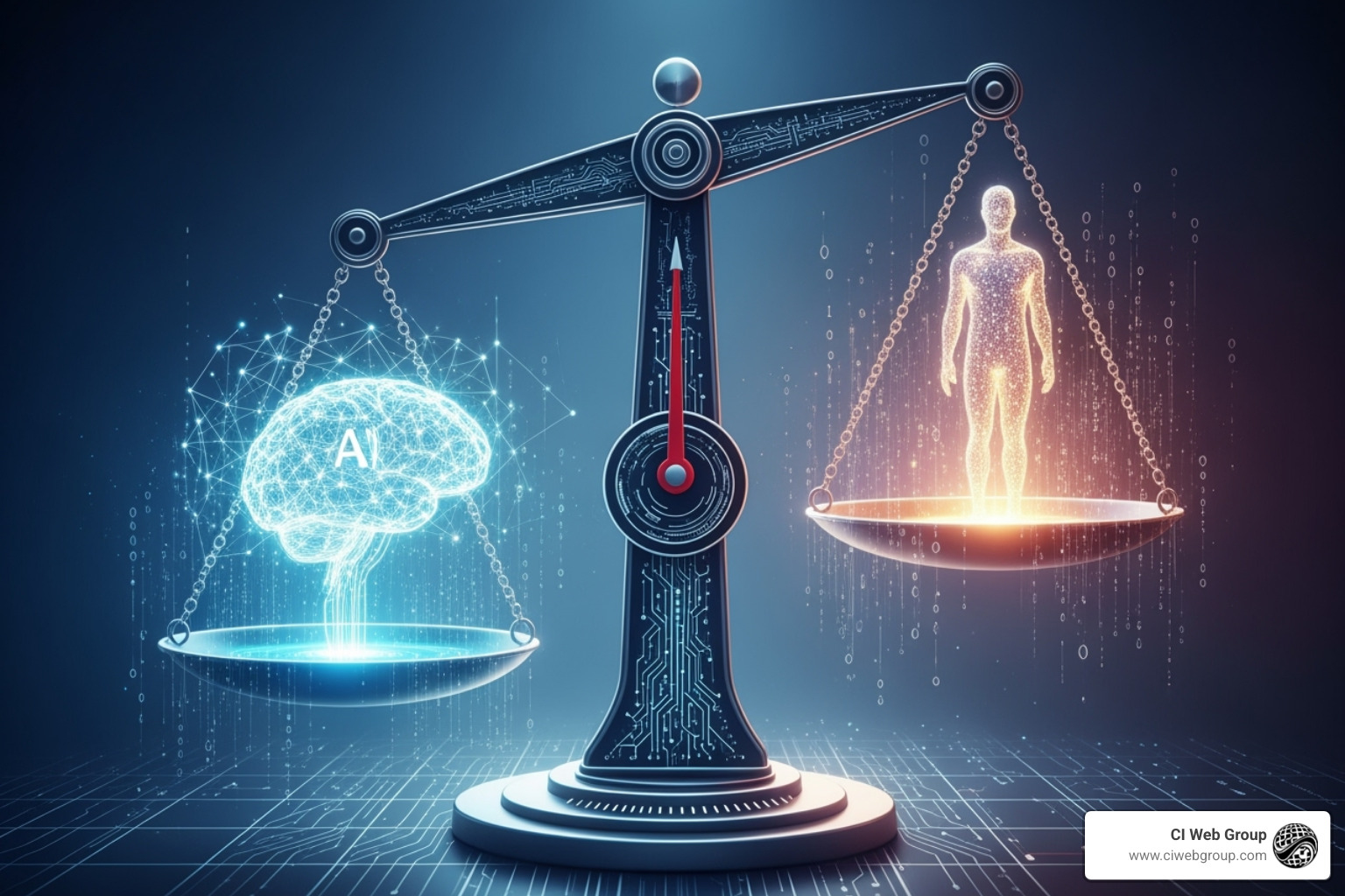 Abstract concept representing AI ethics, like balanced digital scales - ai marketing automation tools