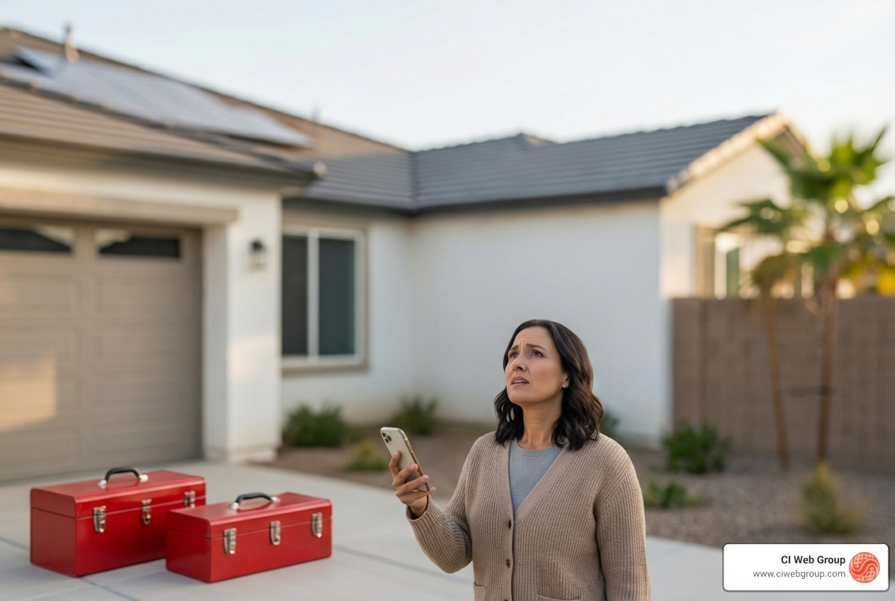 Infographic showing the Las Vegas roofing customer journey: homeowner notices roof damage or leak, searches Google on mobile device within 72 hours, reviews top 3 Map Pack results and reads reviews, visits 2-3 contractor websites comparing trust signals and credentials, calls the first responsive contractor with strong online presence, and books inspection within 24 hours - digital marketing for roofing companies in las vegas