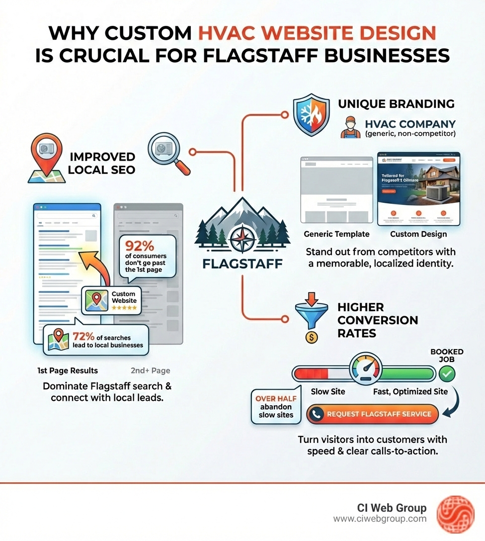 Infographic explaining why custom HVAC website design is crucial for Flagstaff businesses, detailing benefits like improved local SEO, unique branding, and higher conversion rates, with statistics showing that 92% of consumers don't go past the first page of search results, 72% of searches lead to local businesses, and over half of users abandon slow sites. - flagstaff custom hvac website design infographic 