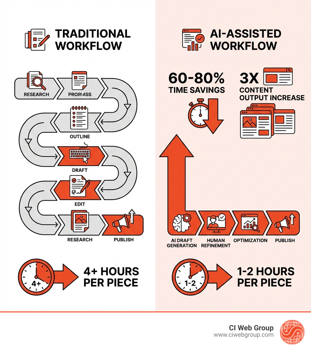 Infographic comparing traditional content workflow (research, outline, draft, edit, publish taking 4+ hours) versus AI-assisted workflow (AI draft generation, human refinement, optimization, publish taking 1-2 hours) with key metrics showing 60-80% time savings and 3x content output increase - AI content creation services infographic 