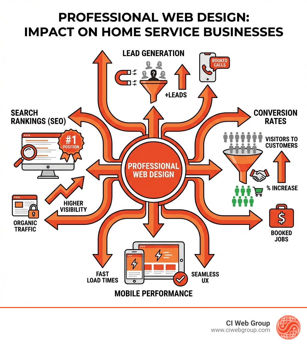 infographic showing how professional web design impacts lead generation, search rankings, mobile performance, and conversion rates for home service businesses - web design and services infographic infographic showing how professional web design impacts lead generation, search rankings, mobile performance, and conversion rates for home service businesses - web design and services infographic