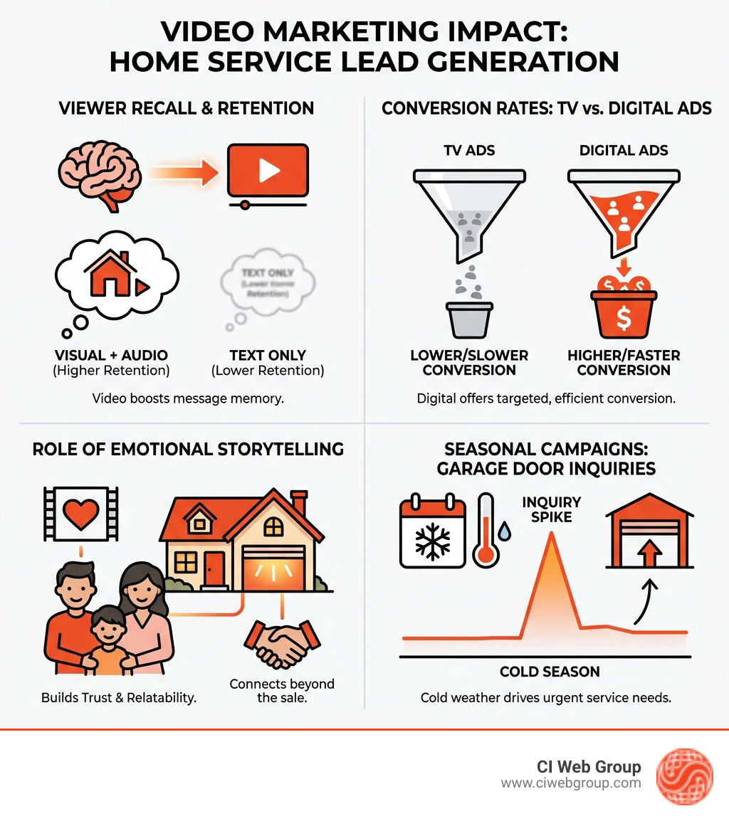 Infographic showing the impact of video marketing on home service lead generation, including statistics on viewer recall, conversion rates from TV vs digital ads, the role of emotional storytelling in home services advertising, and how seasonal campaigns drive spikes in garage door service inquiries - garage door advert infographic 