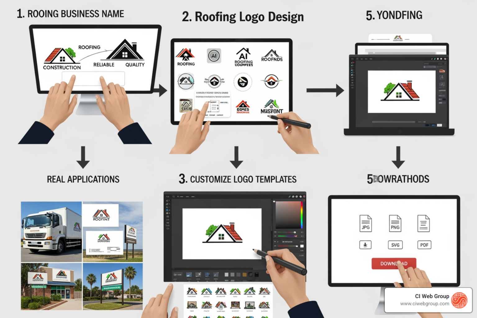 Roofing logo design workflow infographic showing steps from business name entry to final download - roofing logo maker