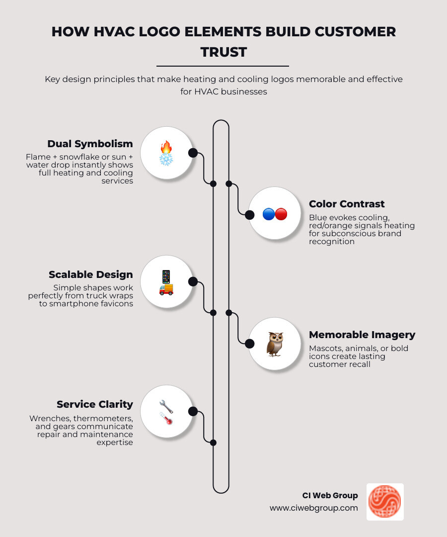 Infographic showing how heating and cooling logo design elements — including color psychology, dual symbols like flame and snowflake, scalability across truck wraps and digital platforms, and mascot styles — build customer trust and brand recognition for HVAC businesses - heating and cooling logos infographic infographic-line-5-steps-elegant_beige