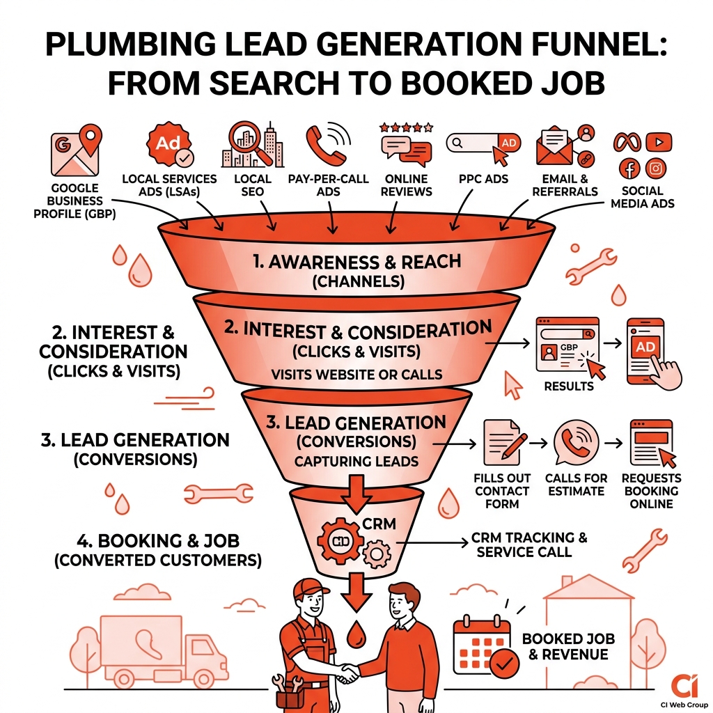 Plumbing lead generation funnel from search to booked job with key channels and conversion steps - lead generation for Plumbing lead generation funnel from search to booked job with key channels and conversion steps - lead generation for