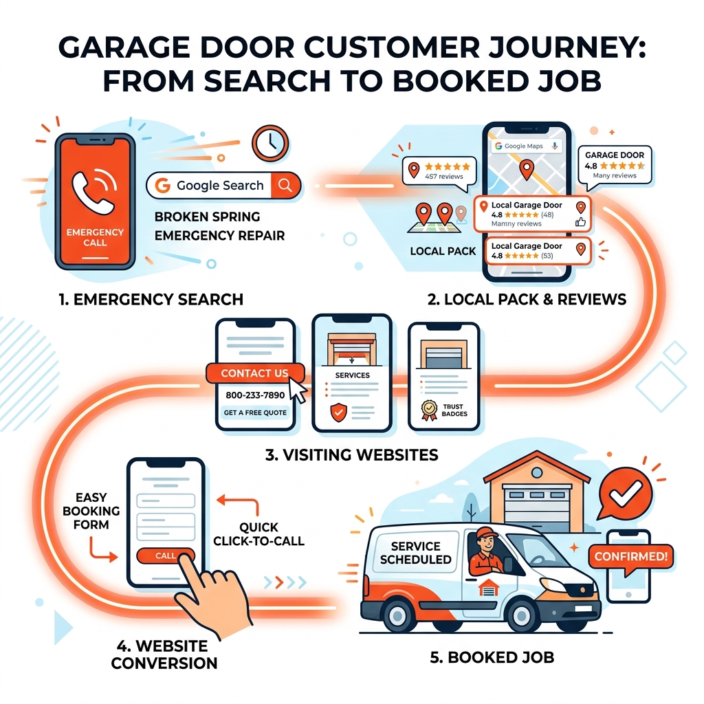 Infographic showing the garage door customer journey from emergency search to booked job, including key digital touchpoints Infographic showing the garage door customer journey from emergency search to booked job, including key digital touchpoints