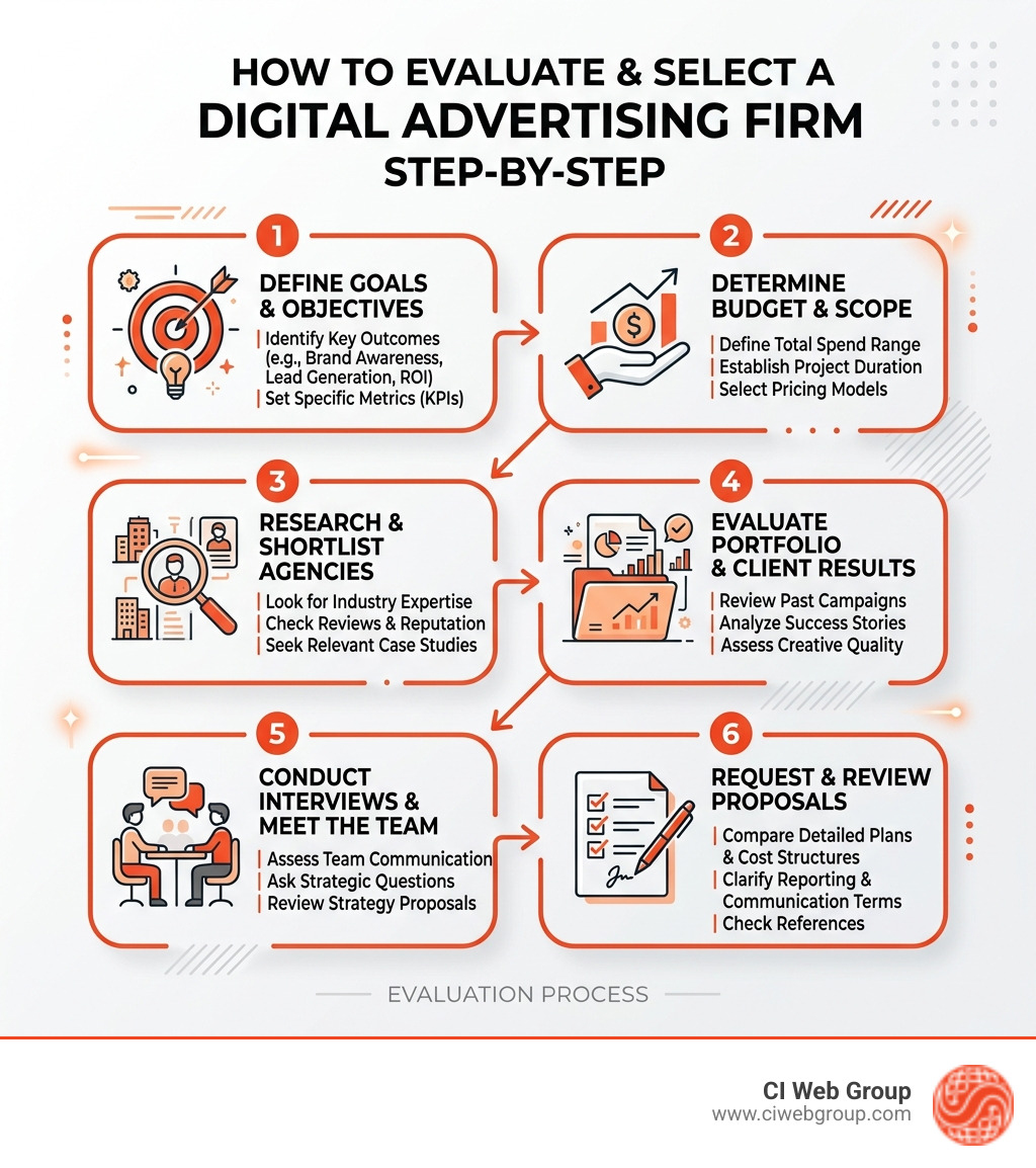 Infographic showing how to evaluate and select a digital advertising firm step by step - digital advertising firms Infographic showing how to evaluate and select a digital advertising firm step by step - digital advertising firms