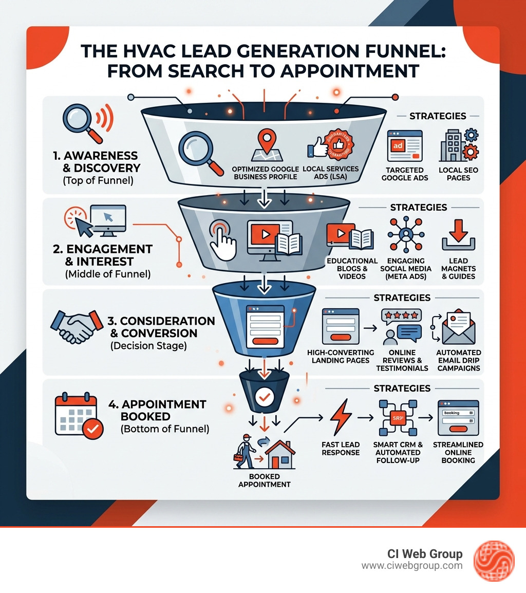 HVAC lead generation funnel from search to booked appointment with key strategies at each stage - marketing strategies for