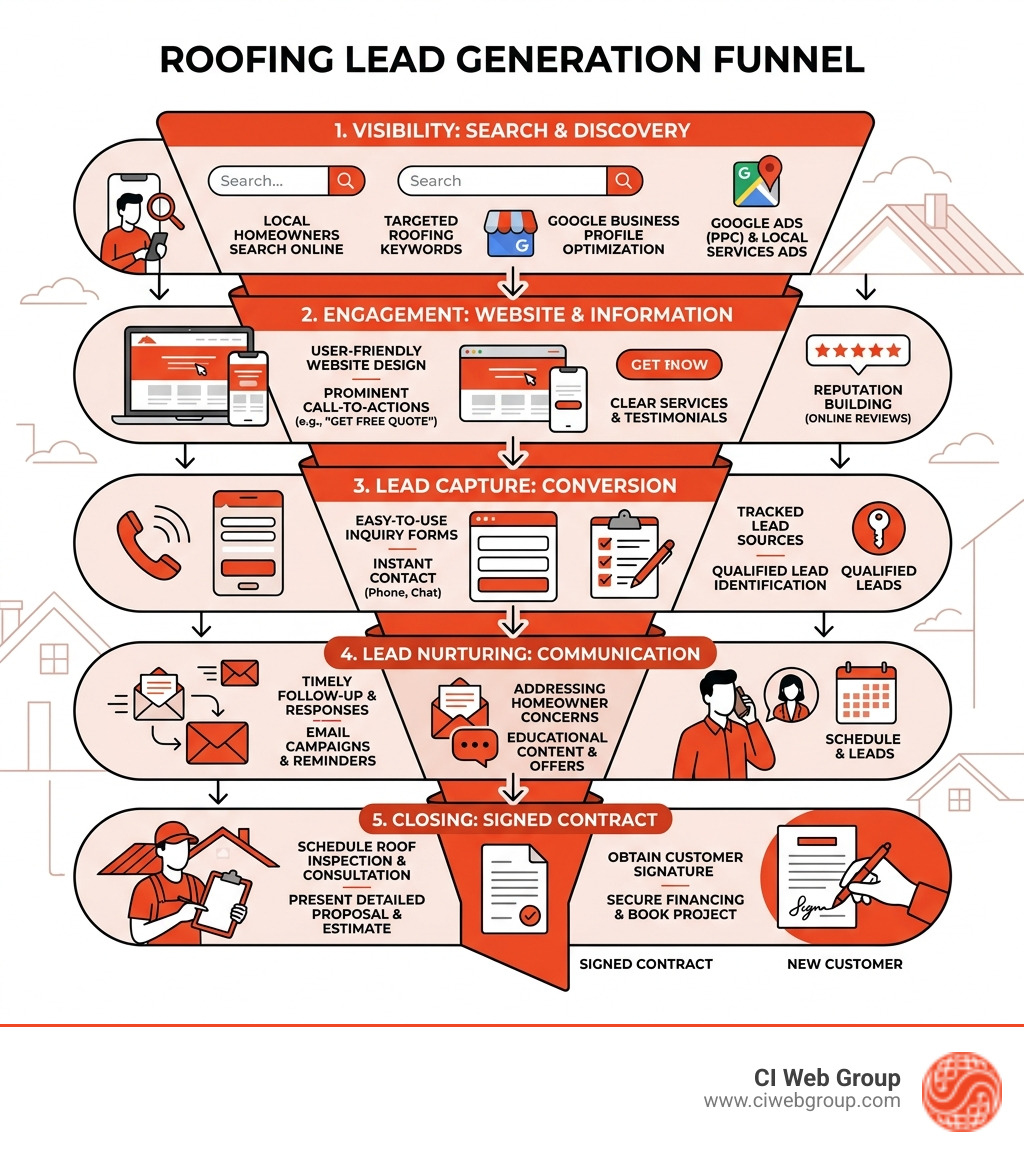 Roofing lead generation funnel from search to signed contract with key marketing stages - roofer digital marketing company