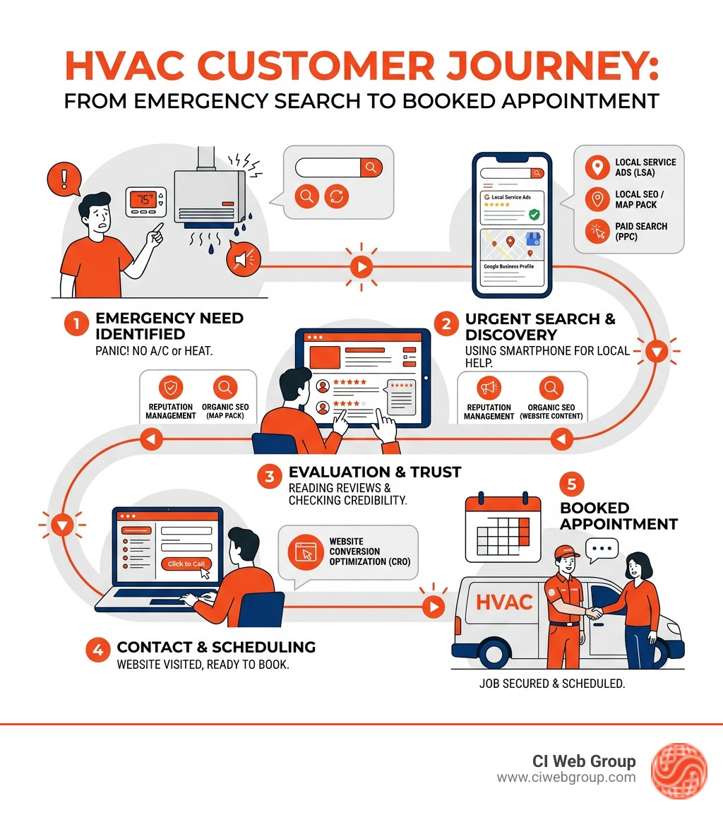 HVAC customer journey infographic from emergency search to booked appointment with key digital marketing channels - hvac