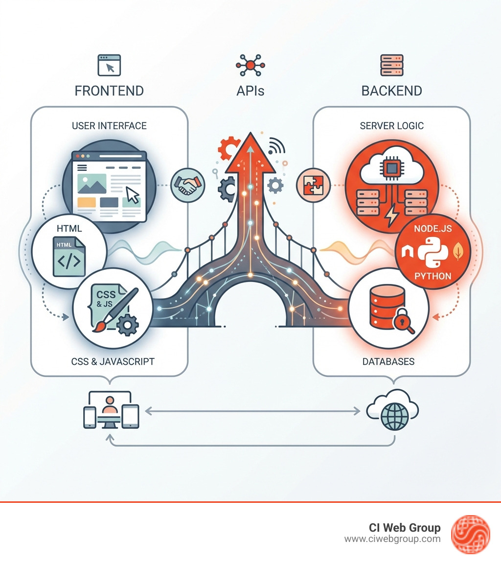 Infographic showing three layers of modern web development: Frontend (user interface with HTML, CSS, JavaScript), Backend (server logic with Node.js, Python, databases), and the connection between them via APIs - modern web development infographic 