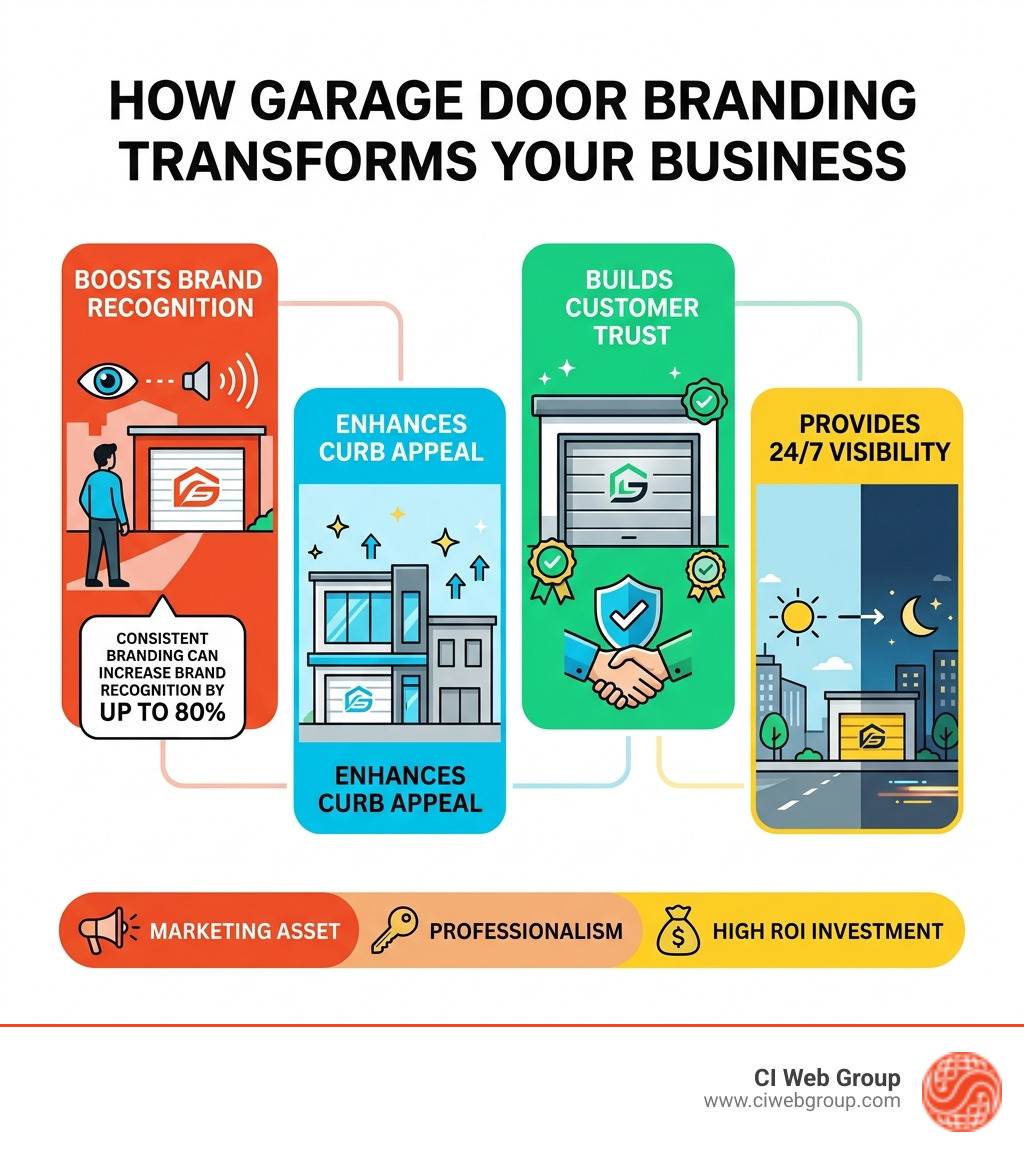 Infographic showing how garage door branding boosts brand recognition, curb appeal, customer trust, and 24/7 visibility