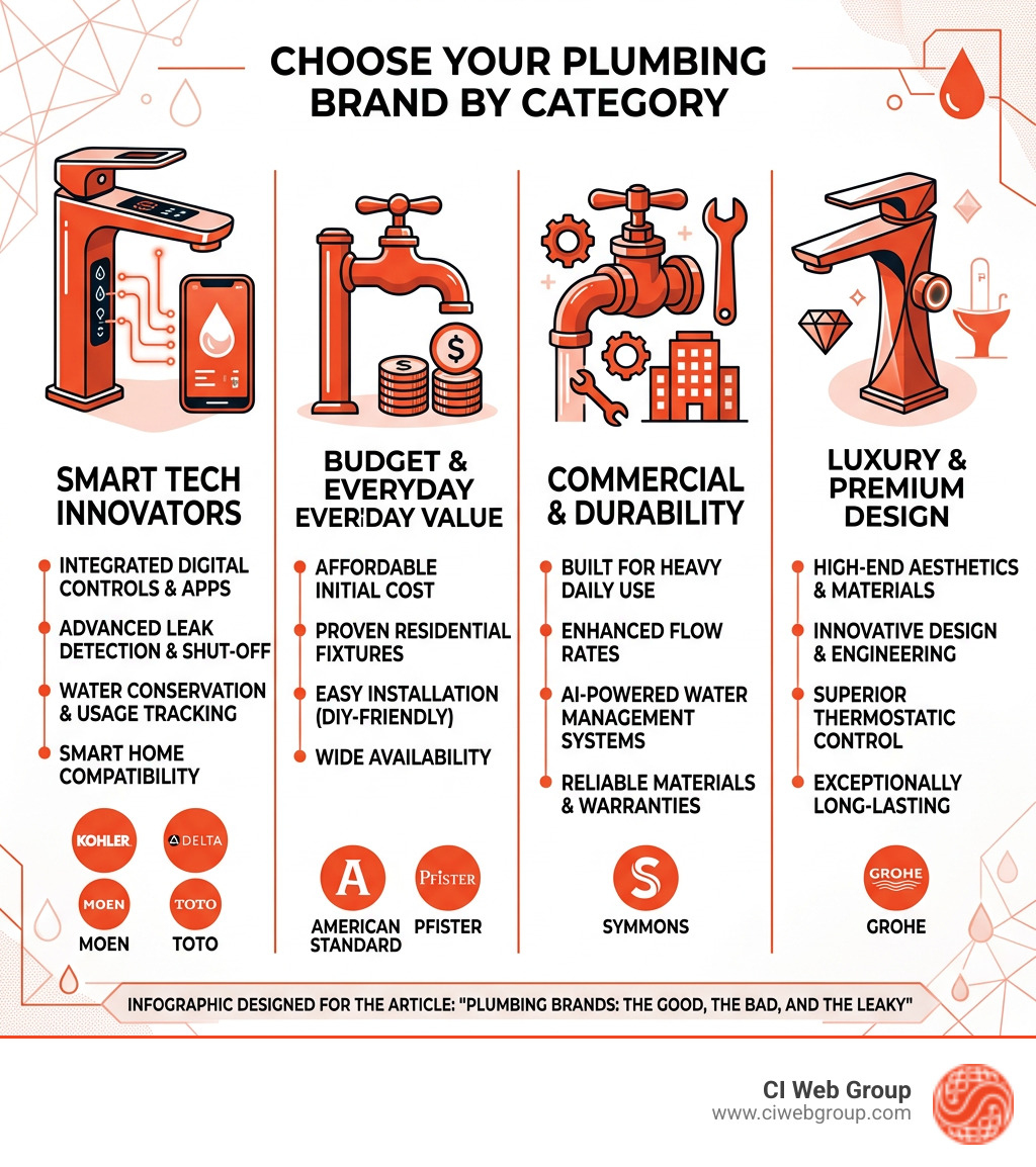 Infographic showing how to choose the right plumbing brand by category: smart tech, budget, commercial, and luxury