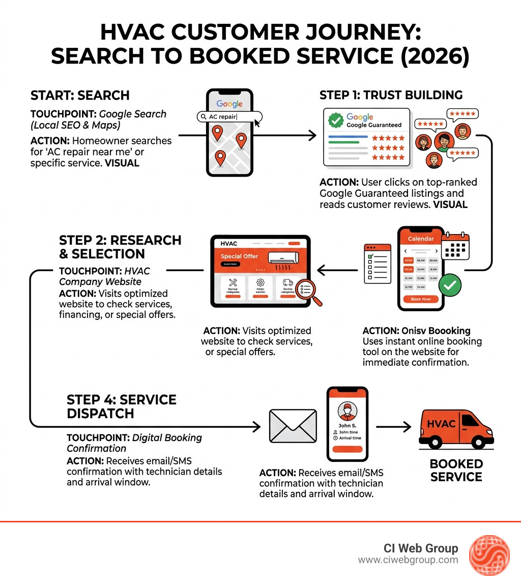 HVAC customer journey from search to booked service in 2026 — infographic showing key digital touchpoints - HVAC marketing