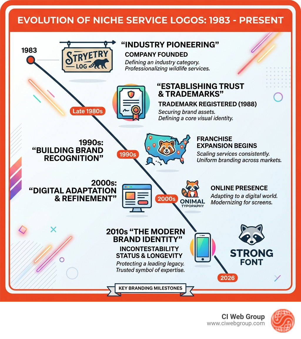 Infographic showing evolution of niche service logos from 1983 to present with key branding milestones - critter control