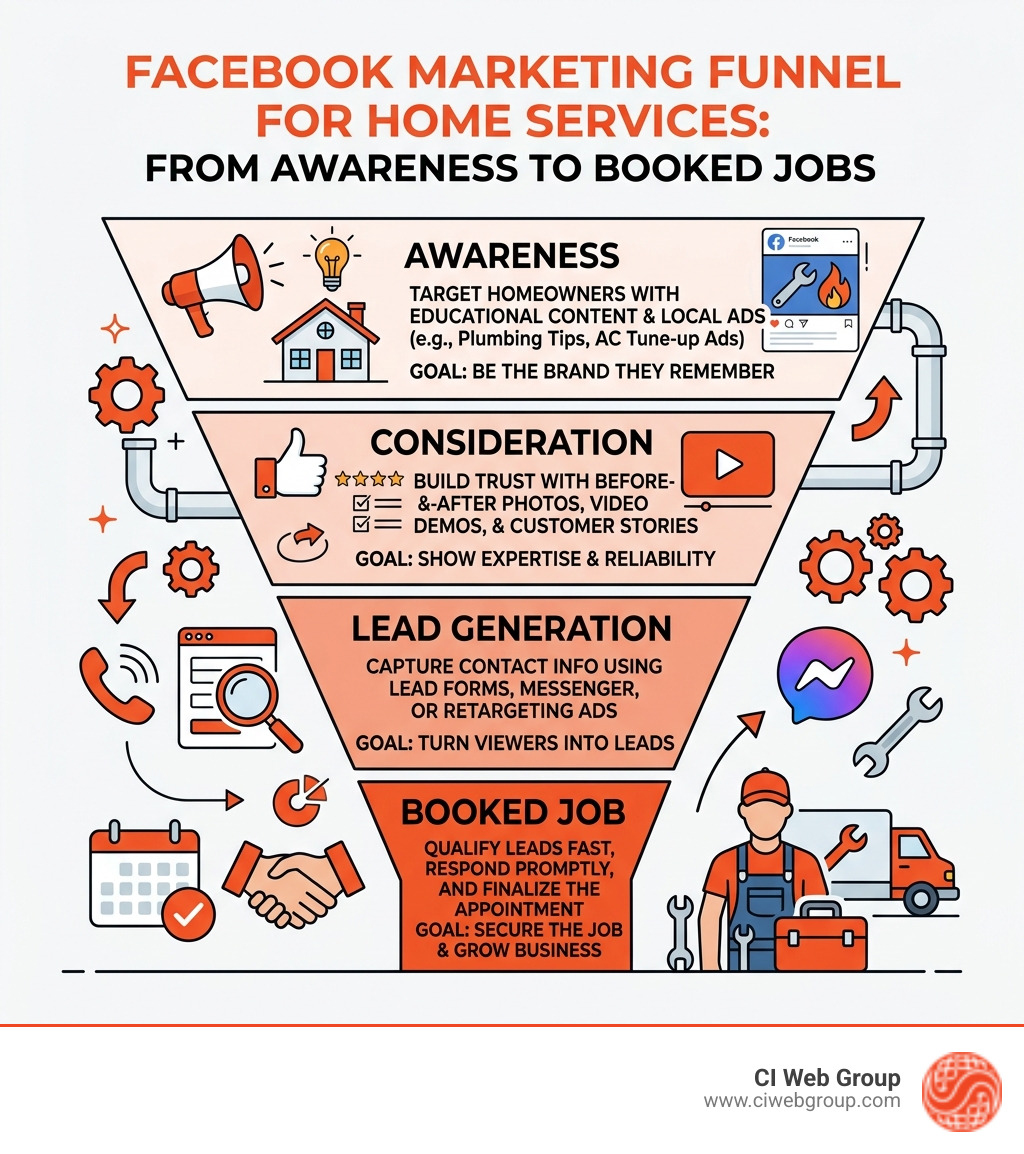 Facebook marketing funnel for home services showing awareness to booked job stages - how to facebook market for plumbing and