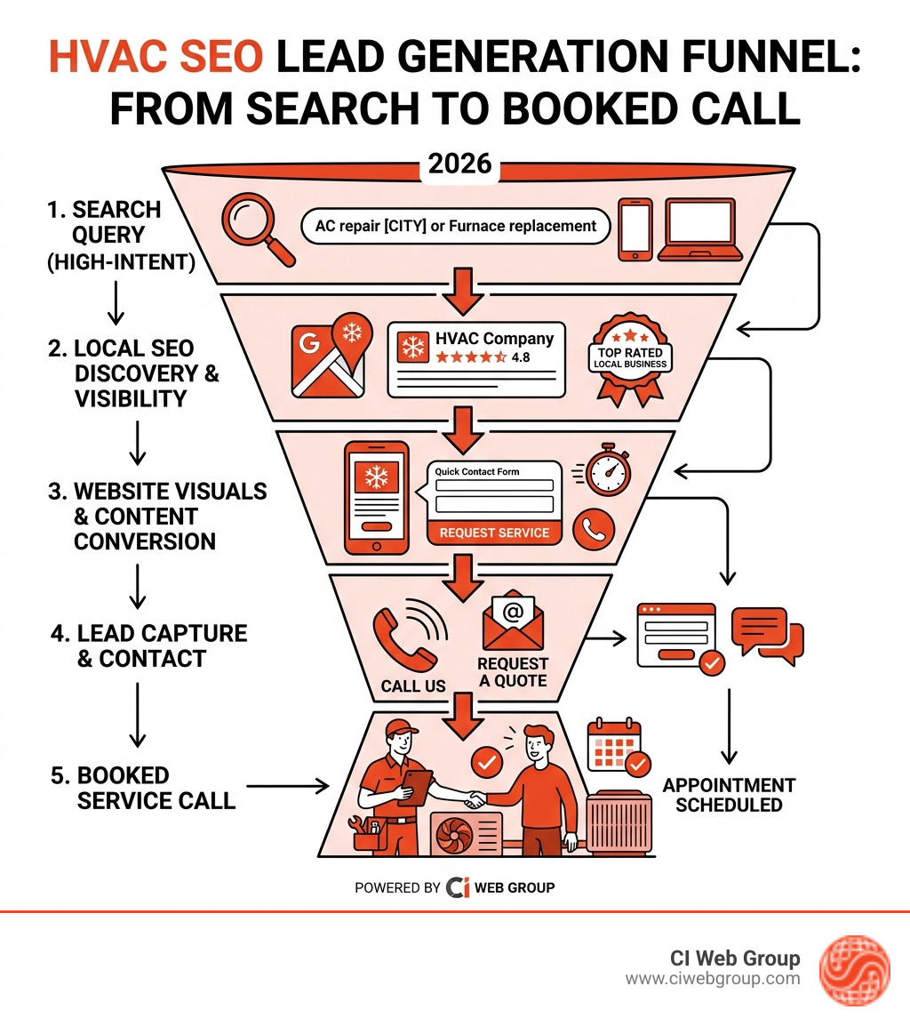 HVAC SEO lead generation funnel from search query to booked service call with key stages labeled - hvac seo services HVAC SEO lead generation funnel from search query to booked service call with key stages labeled - hvac seo services