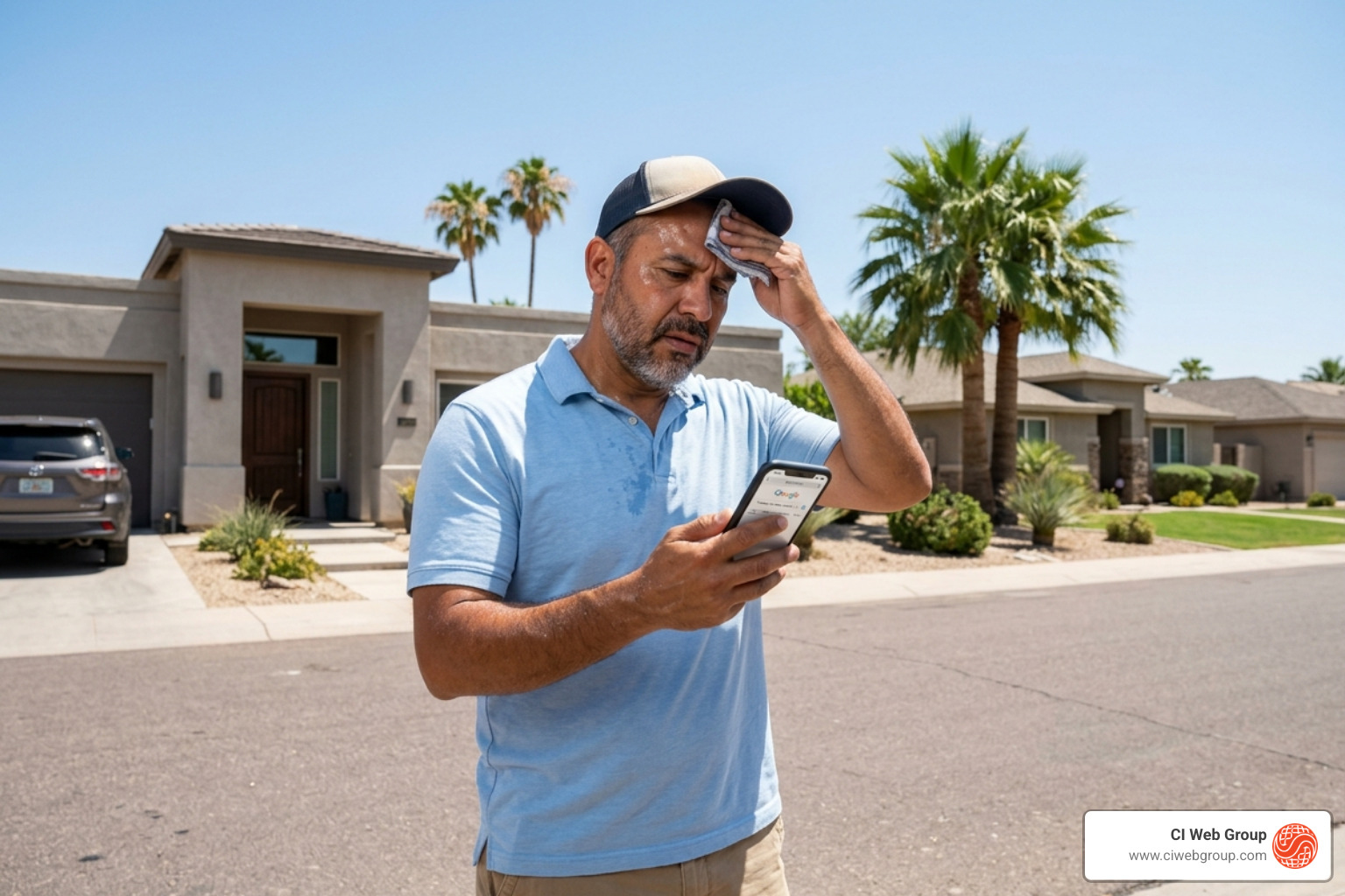 Homeowner in Phoenix using a smartphone to find AC repair during a heatwave - HVAC website optimization Homeowner in Phoenix using a smartphone to find AC repair during a heatwave - HVAC website optimization