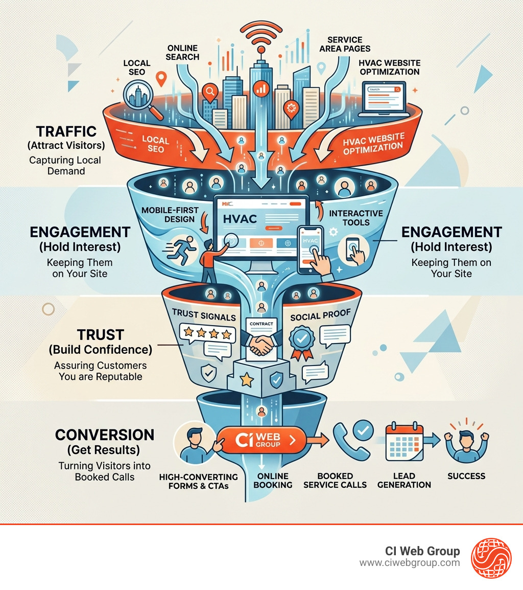 HVAC digital sales funnel infographic showing traffic, engagement, trust, and conversion stages - HVAC website optimization HVAC digital sales funnel infographic showing traffic, engagement, trust, and conversion stages - HVAC website optimization