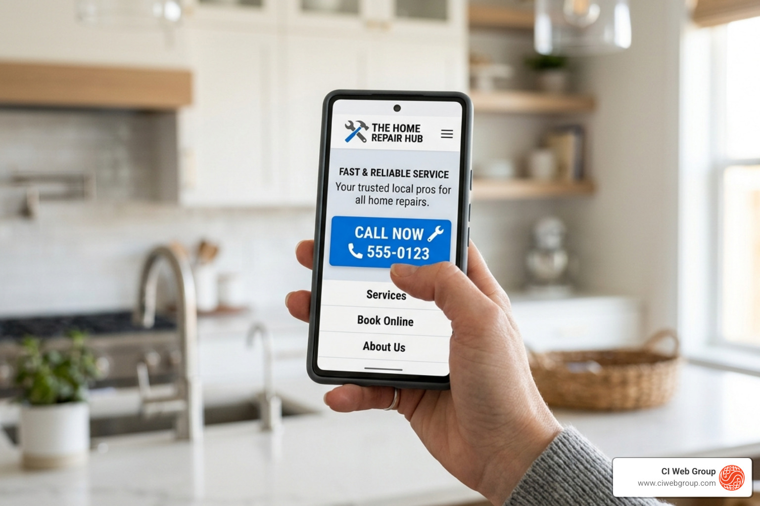 A modern mobile-responsive plumbing website being viewed on a smartphone - plumbing company website A modern mobile-responsive plumbing website being viewed on a smartphone - plumbing company website