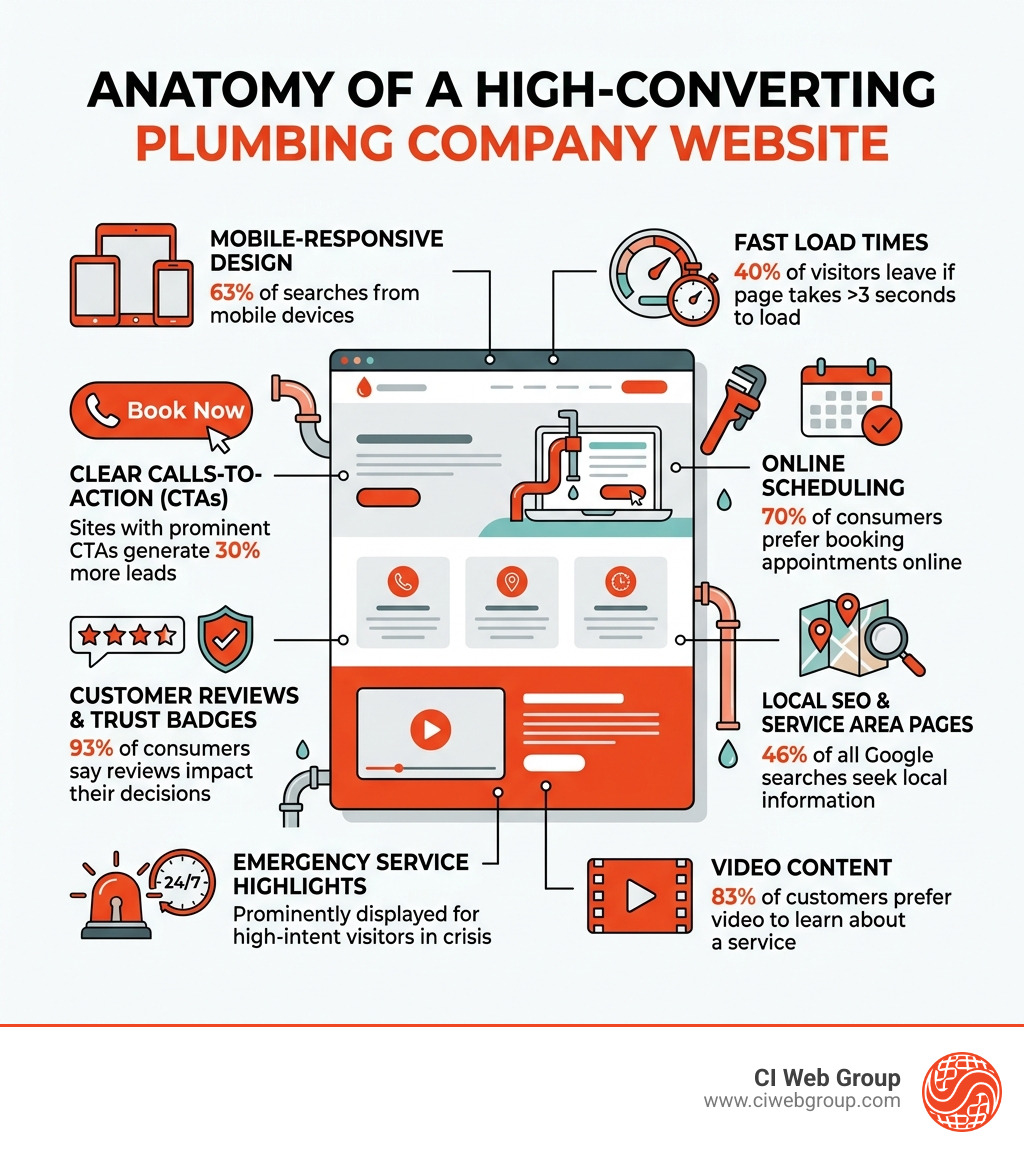 Infographic showing anatomy of a high-converting plumbing company website with key stats - plumbing company website Infographic showing anatomy of a high-converting plumbing company website with key stats - plumbing company website