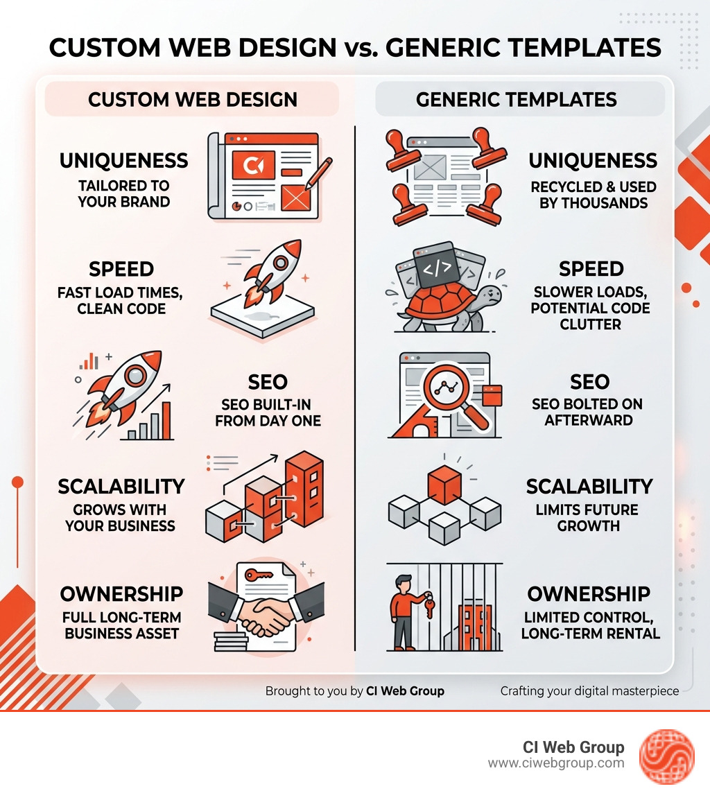 Infographic comparing custom web design vs generic templates: uniqueness, speed, SEO, scalability, ownership - custom web Infographic comparing custom web design vs generic templates: uniqueness, speed, SEO, scalability, ownership - custom web