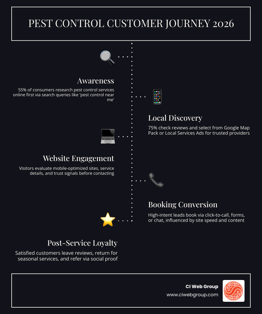2026 pest control customer journey infographic: awareness search to Google review to booking - Pest control online marketing 2026 pest control customer journey infographic: awareness search to Google review to booking - Pest control online marketing