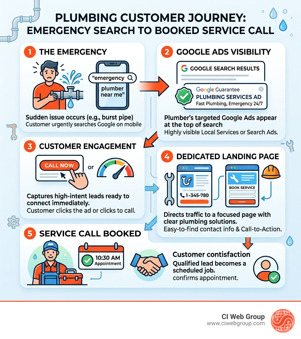 Infographic showing the plumbing customer journey from emergency search to booked service call via Google Ads - Google Ads Infographic showing the plumbing customer journey from emergency search to booked service call via Google Ads - Google Ads