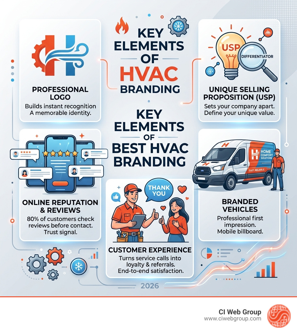 Key elements of best HVAC branding including logo, USP, reviews, vehicles, and customer experience - Best HVAC branding Key elements of best HVAC branding including logo, USP, reviews, vehicles, and customer experience - Best HVAC branding