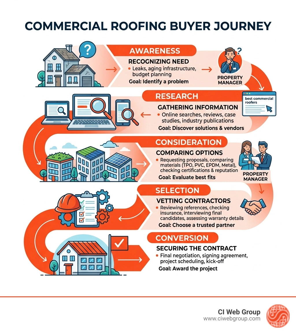 Commercial roofing buyer journey infographic from awareness and research through to conversion - digital marketing for Commercial roofing buyer journey infographic from awareness and research through to conversion - digital marketing for