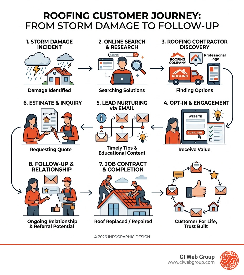 Roofing customer journey from storm damage to email follow-up, showing key touchpoints and conversion stages - Roofing email Roofing customer journey from storm damage to email follow-up, showing key touchpoints and conversion stages - Roofing email