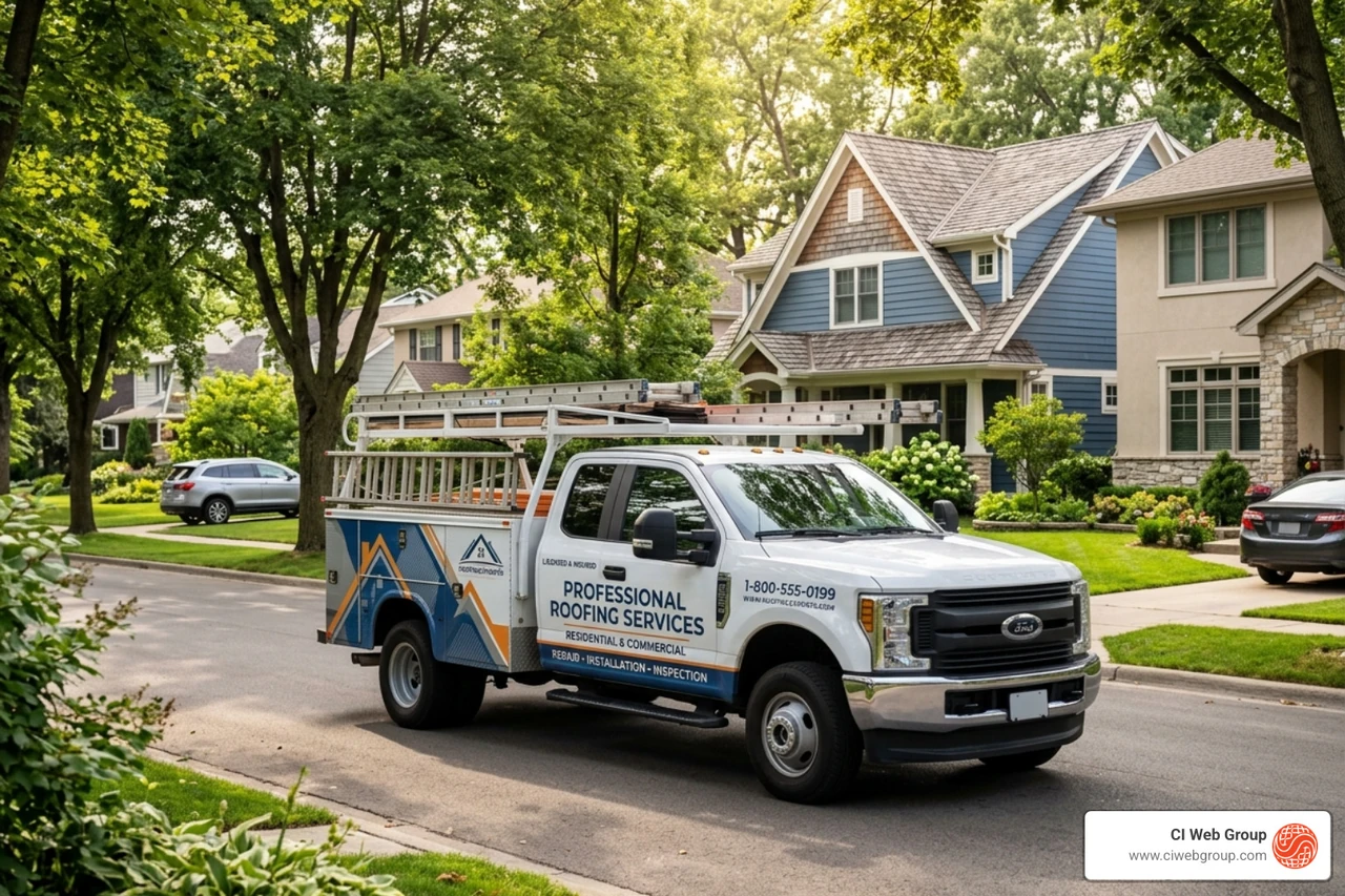 A professionally branded roofing truck wrap driving through a residential neighborhood - roofing company logo design services A professionally branded roofing truck wrap driving through a residential neighborhood - roofing company logo design services