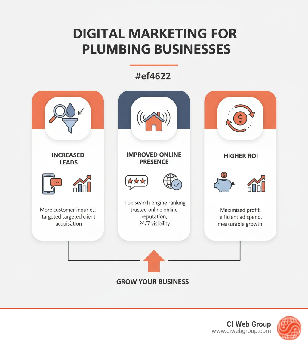 Infographic showing the benefits of digital marketing for plumbing businesses, including increased leads, improved online presence, and higher ROI - plumbing supply infographic Infographic showing the benefits of digital marketing for plumbing businesses, including increased leads, improved online presence, and higher ROI - plumbing supply infographic
