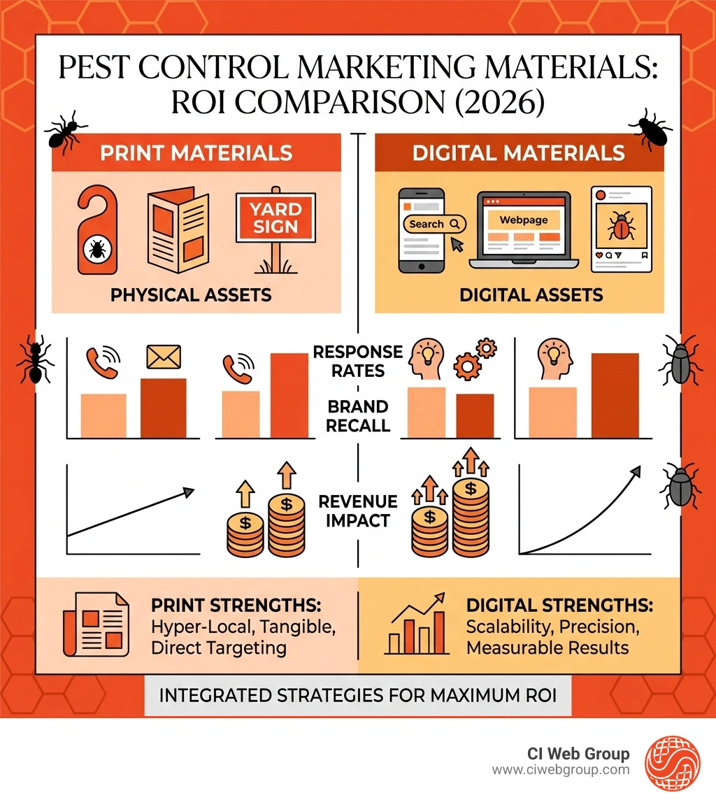 Infographic showing ROI comparison of pest control print vs digital marketing materials including response rates brand Infographic showing ROI comparison of pest control print vs digital marketing materials including response rates brand