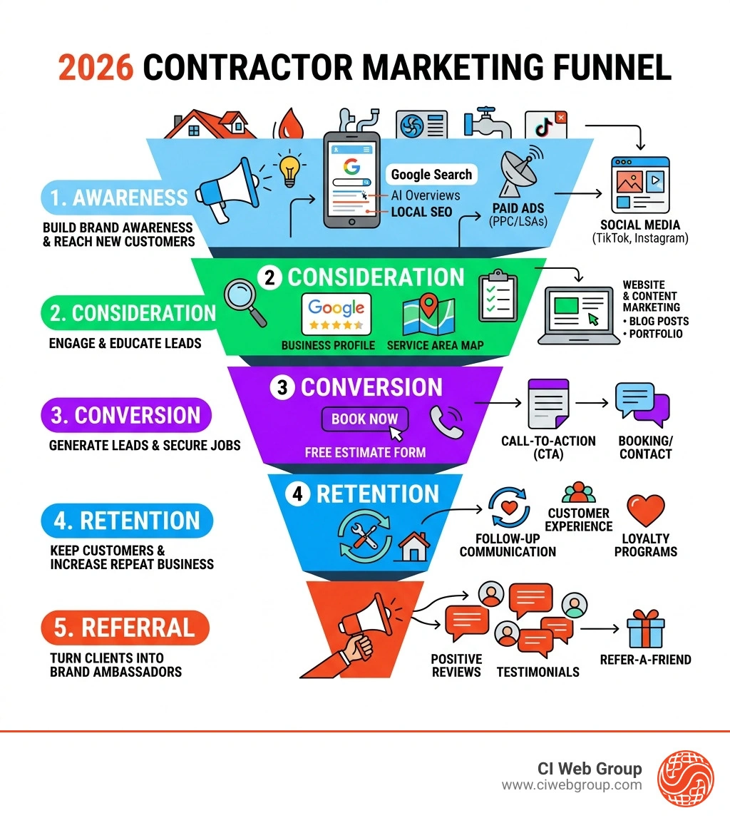2026 contractor marketing funnel from awareness to retention and referral - Digital marketing for contractors infographic 