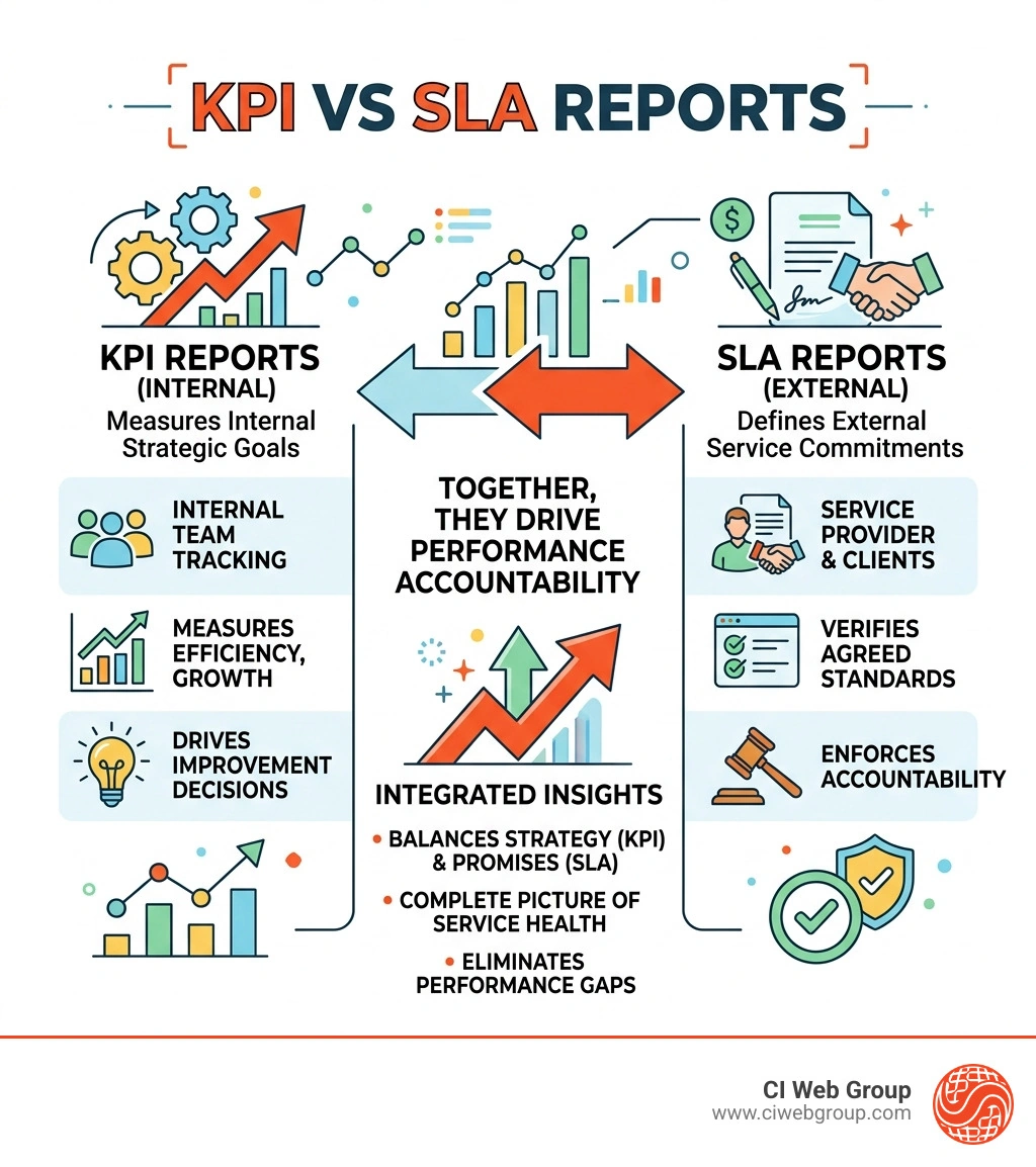 Infographic showing KPI vs SLA reports: KPI measures internal strategic goals, SLA defines external service commitments Infographic showing KPI vs SLA reports: KPI measures internal strategic goals, SLA defines external service commitments