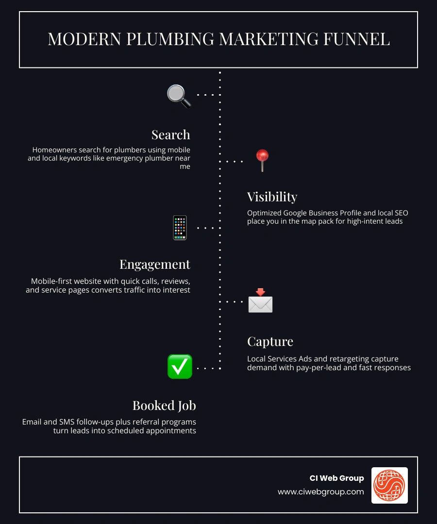 Modern plumbing marketing funnel from online search to booked job with key channels and touchpoints infographic Modern plumbing marketing funnel from online search to booked job with key channels and touchpoints infographic