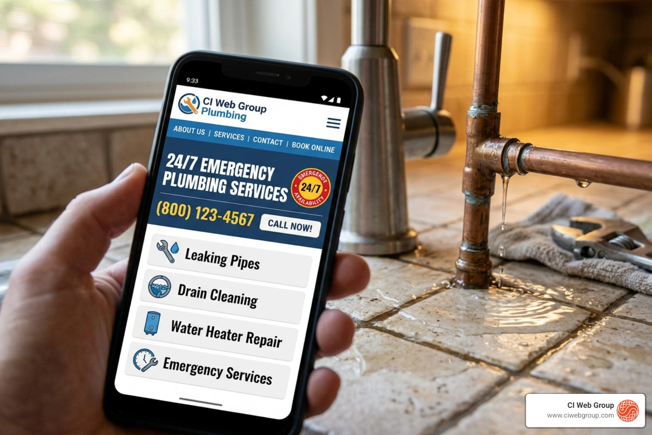 Infographic showing the 5 key elements of high-converting plumbing website content homeowners check in 5 seconds Infographic showing the 5 key elements of high-converting plumbing website content homeowners check in 5 seconds